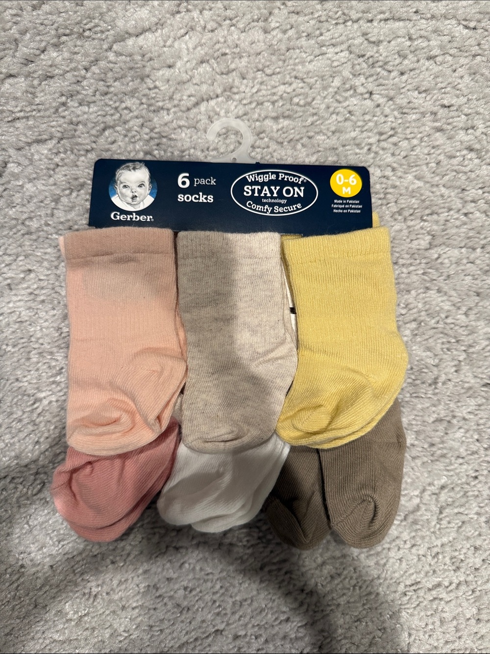 NWT- Gerber Baby Socks 6-Pack (Yellow, Pink, Beige, White, Brown)- 0-6M